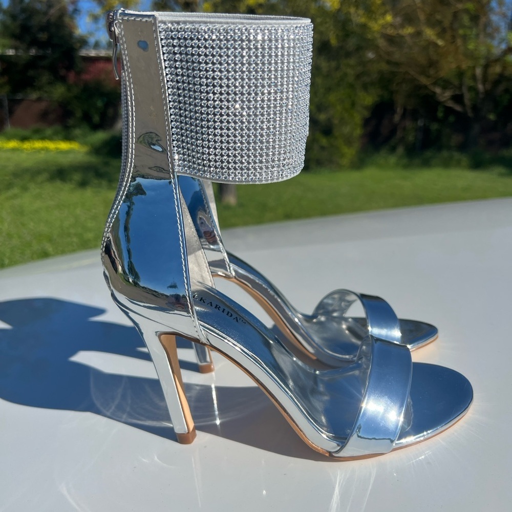Silver Rhinestone Ankle-Cuff High Heel Sandals - Picture 2 of 8